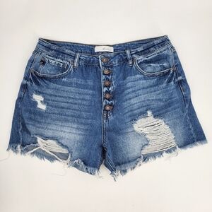 Kancan Joelle High Rise Mom Shorts Blue Jean Button Fly Distressed Denim 13 30